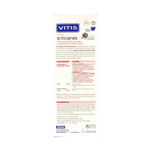 VITIS Enjuague bucal sin alcohol, previene la aparición de caries y protege de la erosión dental VITIS 500 ml.
