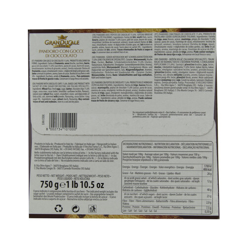 Pandoro 100 % mantequilla con pepitas de chocolate GRAN DUCALE 750 g.