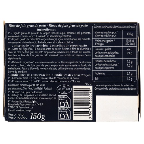 AUCHAN COLLECTION Bloc de foie gras de pato "Mi-cuit" de origen francés Producto Alcampo 150 g.