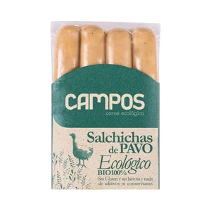 CAMPOS Salchichas cocidas ecológicas de pavo, tipo Frankfurt 250 g.