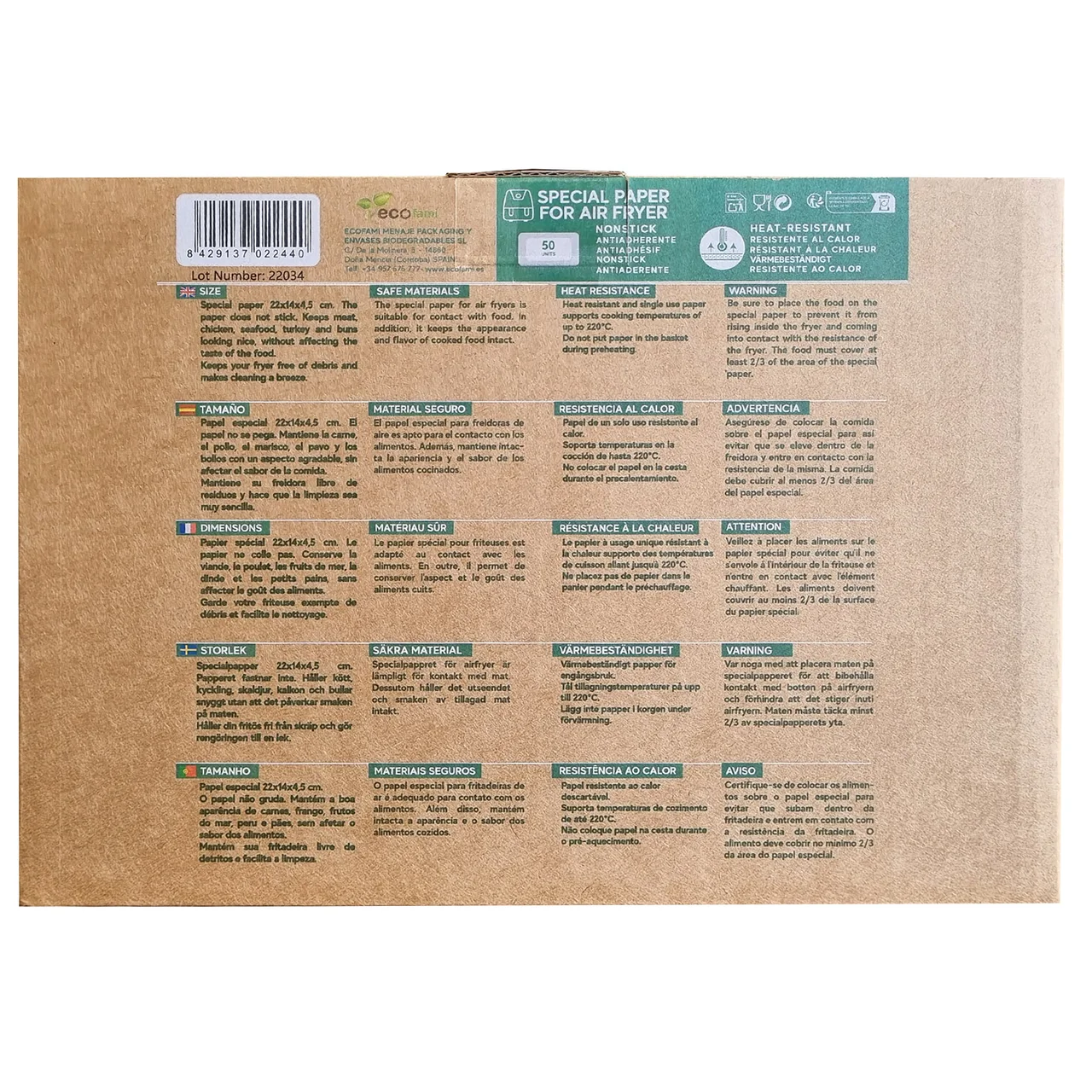 FAMI Papel especial freidoras aire 22x14x4,5 Ecofami 50 un.