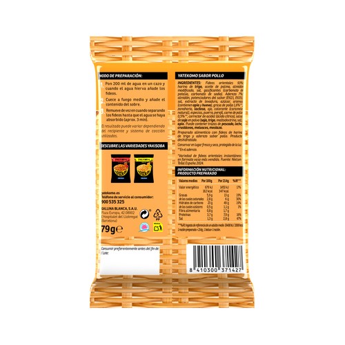 YATEKOMO Noodles fideos instantáneos sabor pollo gallina blanca 79 g.