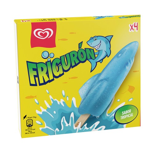 FRIGURÓN de Frigo Polo de agua sabor piña y pera con forma de tiburón 4 x 70 ml.