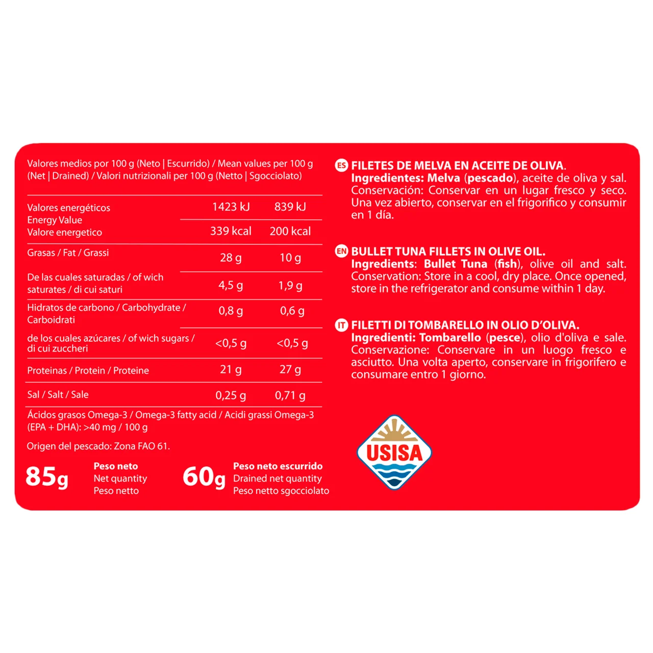 Filetes de melva canutera en aceite de oliva 60 g.