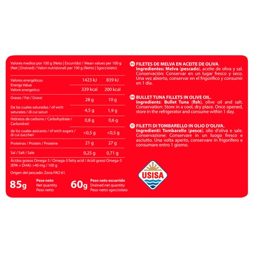 TEJERO Filetes de melva canutera en aceite de oliva 60 g.