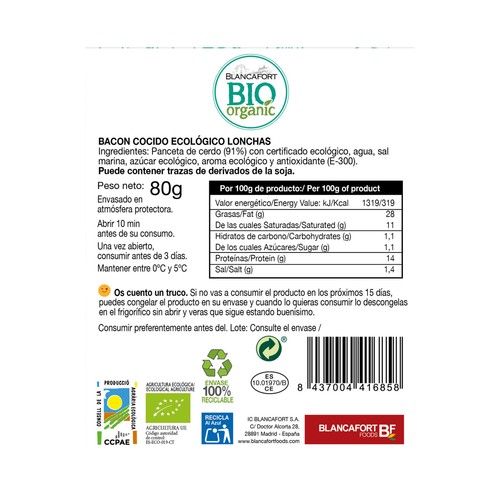 BLANCAFORT Bacon loncheado ecológico BLANCAFORT BIO ORGANIC 80 g.