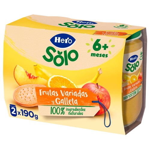 HERO Solo Tarrito de frutas variadas (plátano, melocotón, manzana y naranja) con galleta, a partir de 6 meses 2 x 190 g.