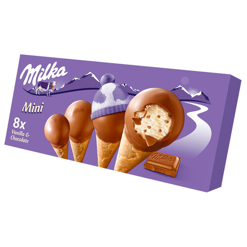 MILKA Mini conos de vainilla con trocitos de chocolate con leche y recubiertos de chocolate 8 x 25 ml.
