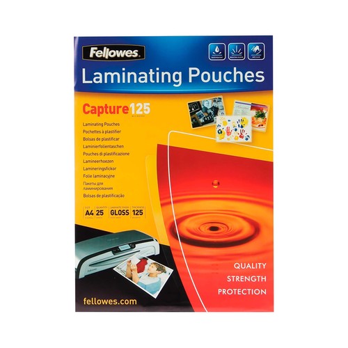 Pack de 25 fundas para plastificar A4, brillo, 125 micras, FELLOWES.