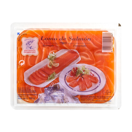 AHUMADOS DOMINGUEZ Lomos de salmón ahumado y precortado AHUMADOS DOMÍNGUEZ 100 g.
