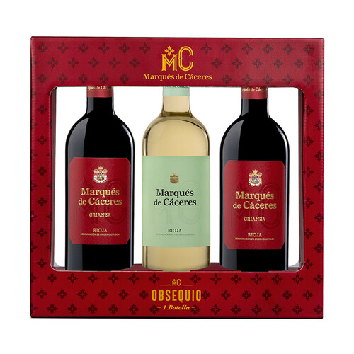 Estuche con 2 botellas de vino tinto crianza y 1 de vino blanco con denominación de origen calificada Rioja MARQUÉS DE CÁCERES.