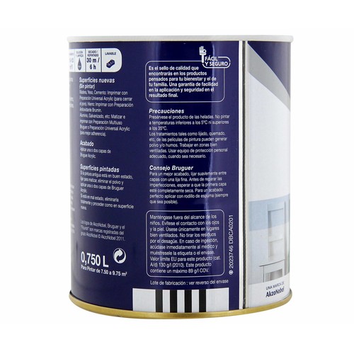 Bote de 0.75l. de esmalte acrílico decorativo de color blanco permanente con acabado mate BRUGUER.