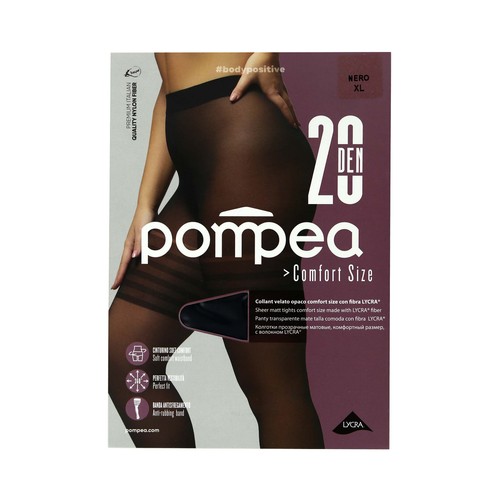 Panty transparente mate cómodo con fibra de Lycra, 20den, POMPEA, color negro, talla 2XL.