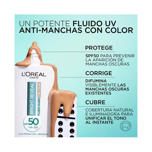 L´ORÉAL PARIS Bright reveal tono medio Fluido facial antimanchas con Niacinamida y FPS 50+ 50 ml.