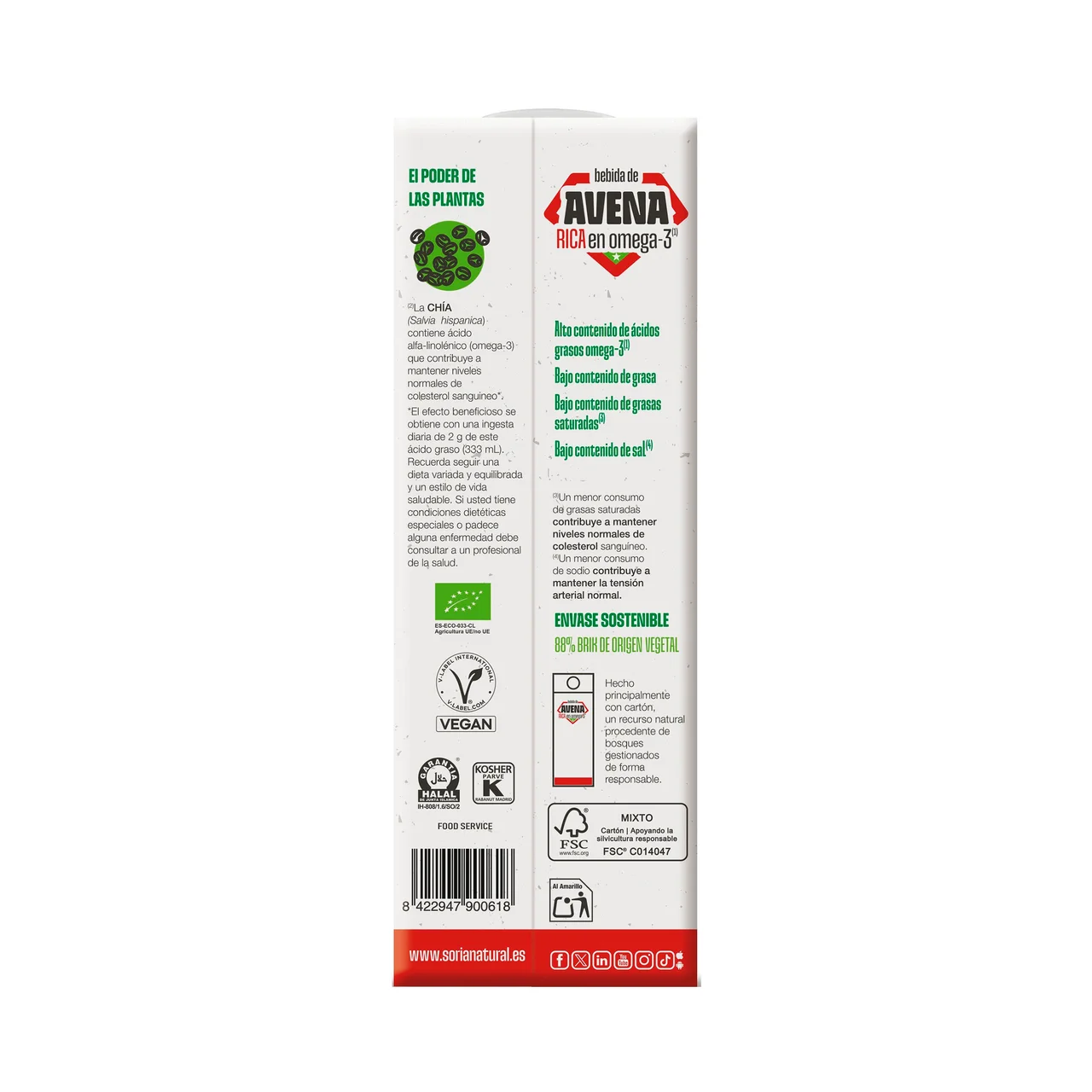 SORIA NATURAL Colesterol Bebida vegetal de avena ecológica rica en Omega 3 1 l