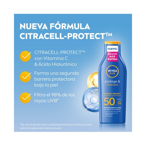 NIVEA Sun protege & hidrata Loción (portector) solar hidratante con FPS 50 (muy alto) 200 ml.