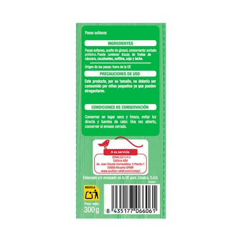 PRODUCTO ALCAMPO Pasas sultanas auchan en tarrina 300 g.