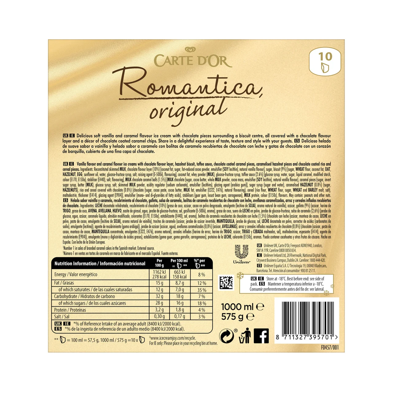 CARTE D"OR Deliciosa tarta de vainilla y caramelo con galleta y bolitas de chocolate 1 l.