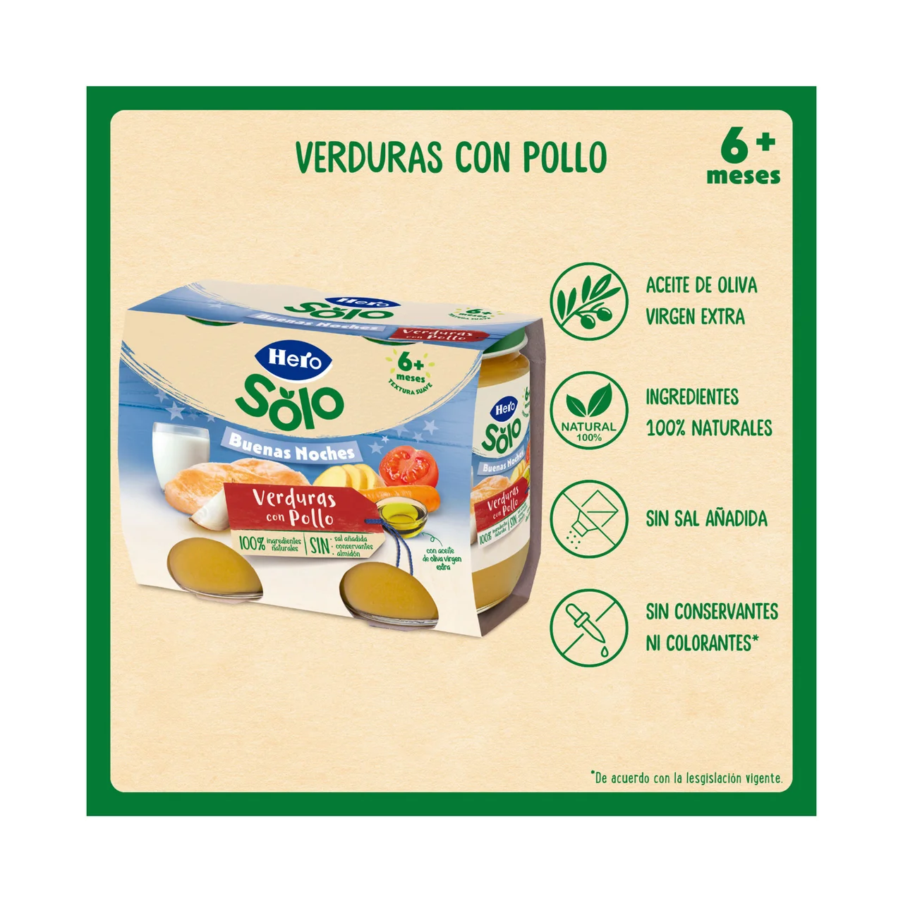 Solo Buenas noches Tarrito de verduras con pollo (textura suave), a partir de 6 meses 2 x 190 g.