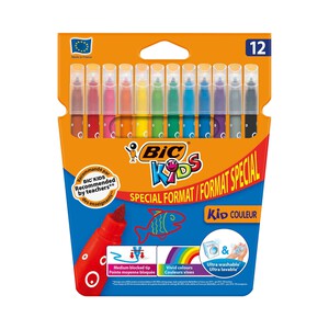 Imagen de Caja de 12 rotuladores con cuerpo y punta media, con grosor de trazado de 2.8 milímetros y tinta ultralavable de diferentes colores BIC Kids.