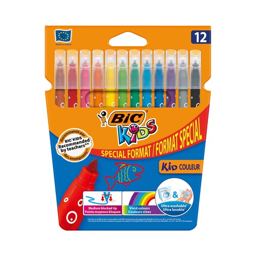 Caja de 12 rotuladores con cuerpo y punta media, con grosor de trazado de 2.8 milímetros y tinta ultralavable de diferentes colores BIC Kids.