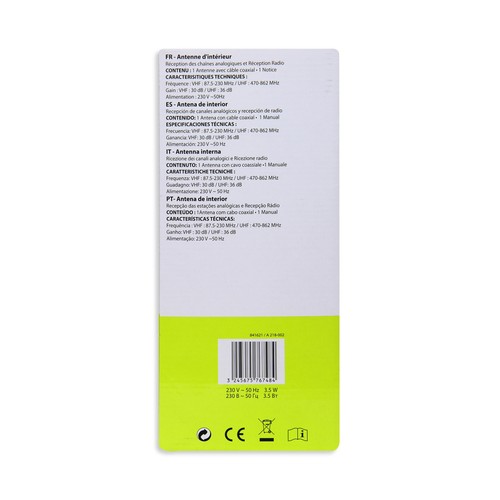 Antena de interior SELECLINE 841621 para señal de TDT, hasta 20 dB de ganancia.