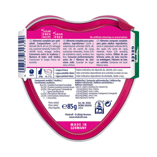 VITAKRAFT Alimento húmedo completo gatos adultos, carne de caza y arándanos rojos VITAKRAFT POESIE CREATION 85 g.