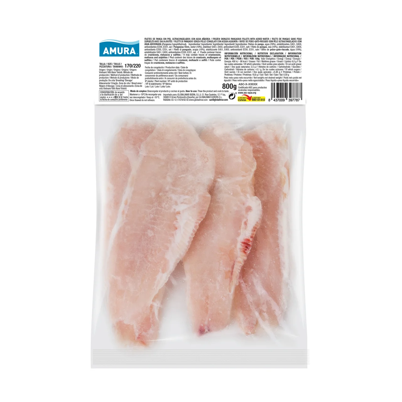 Filetes de panga sin piel 800 g.