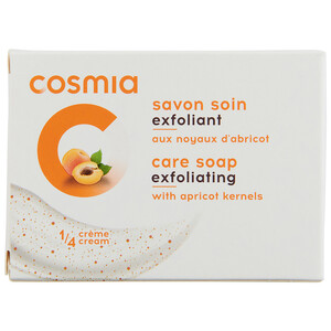 Imagen de COSMIA Pastilla de jabón exfoliante con hueso de albaricoque y 1/4 de crema hidratante 90 g.