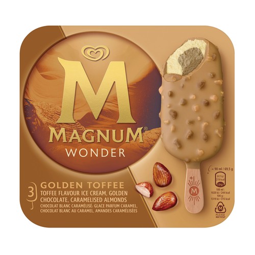 MAGNUM Wonder Bombón helado de nata con interior de datiles y caramelo, recubierto de chocolate blanco con caramelo 3 x 90 ml.
