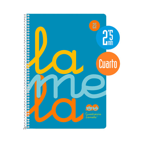 Cuaderno con tapas de polipropileno color azul, tamaño cuarto, cuadrovía 2.5mm, 80 hojas, EDITORIAL LAMELA.