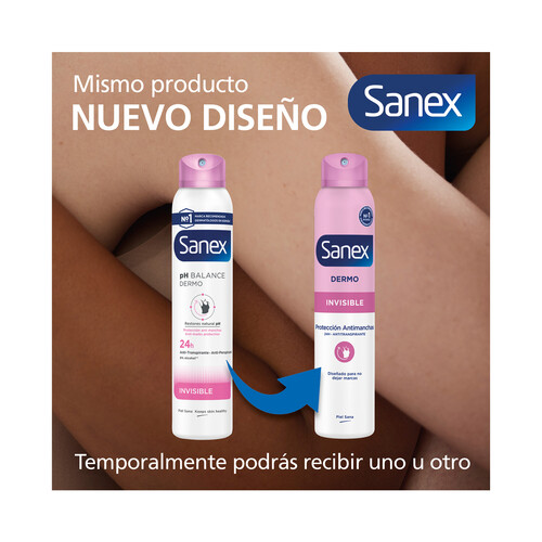 SANEX Dermo invisible Desodorante en spray para mujer con protección antitranspirante 24h y anti manchas 200 ml.