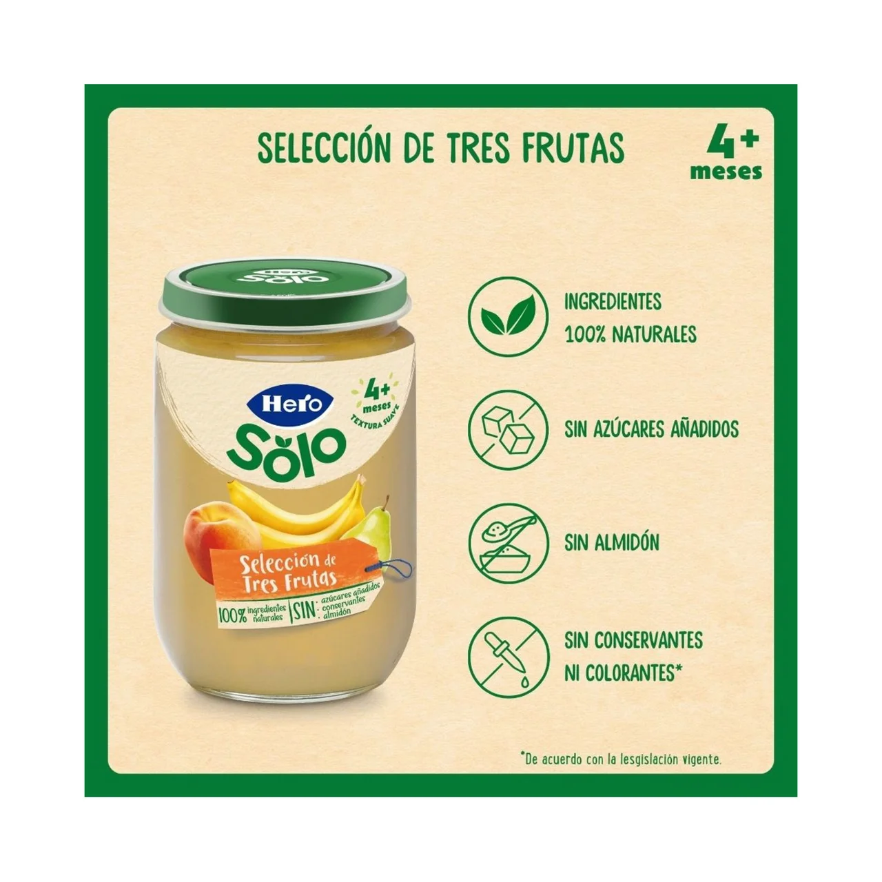 Solo Tarrito de 3 frutas (plátano, melocotón y pera) a partir de 4 meses 190 g.