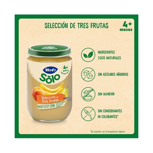 HERO Solo Tarrito de 3  frutas (plátano, melocotón y pera) a partir de 4 meses 190 g.