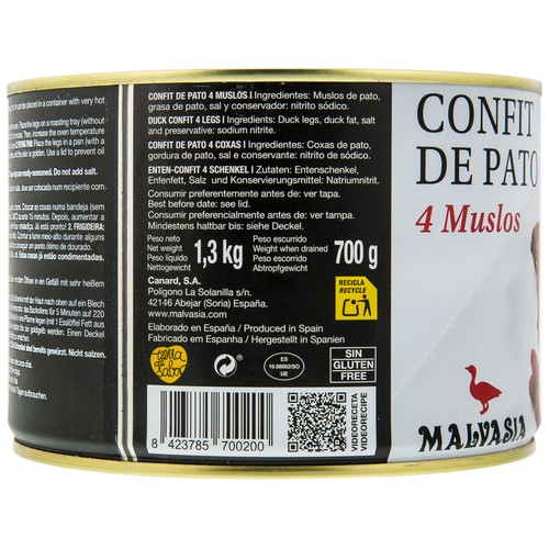 MALVASIA Confit de pato 4 muslos 700 g.