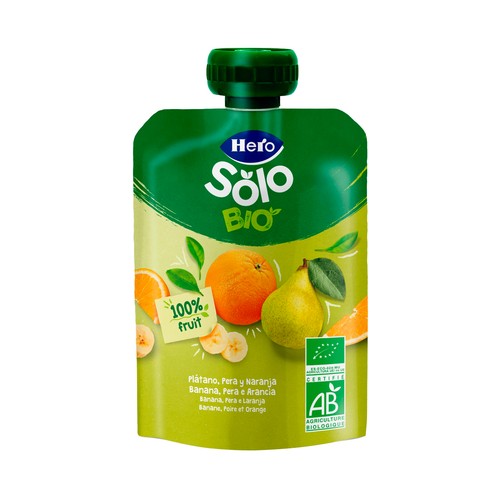 HERO Solo bio Bolsita de fruta (plátano, pera y naranja), ecológicaa partir de 4 meses 100 g.