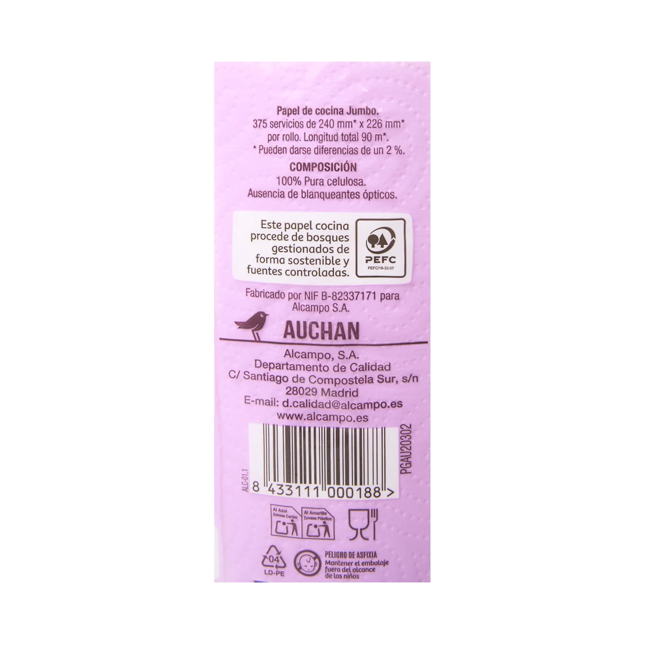 PRODUCTO ALCAMPO Papel de cocina compacto jumbo (90 m) de 2 capas y con certificado Ecolabel.