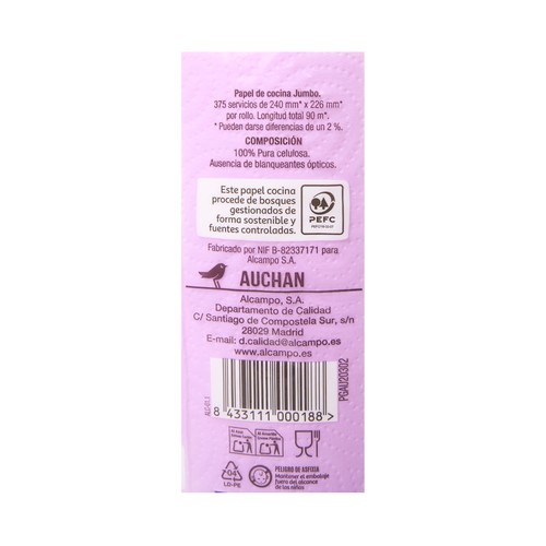 PRODUCTO ALCAMPO Papel de cocina compacto jumbo (90 m) de 2 capas y con certificado Ecolabel.