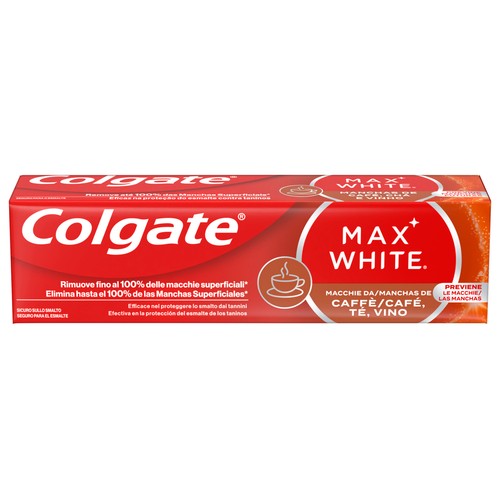 COLGATE Max white for coffe, te & wine Pasta de dientes blanqueante, especial manchas de vino o café 75 ml.