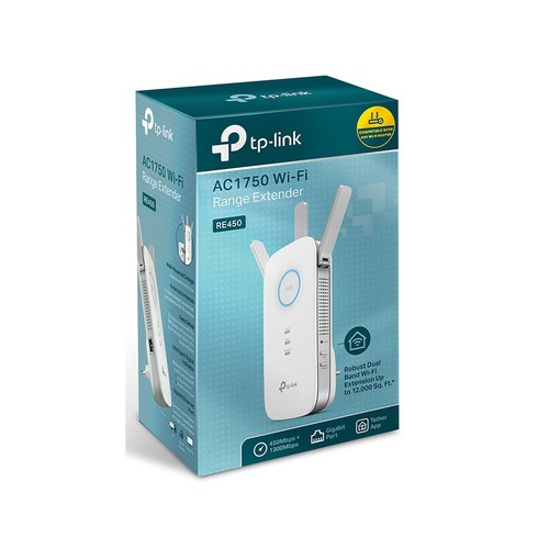 Extensor de cobertura Wi-Fi TP-LINK RE450, banda dual AC1750, 3 antenas, puerto Ethernet.