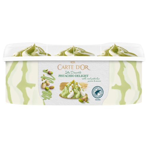 CARTE D'OR Les Desserts de Frigo Tarrina de helado de pistacho, con salsa y trozos de pistacho 825 ml.