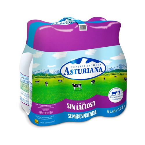 Leche de vaca semidesnatada sin lactosa, de origen español CENTRAL LECHERA ASTURIANA 6 x 1.5 l.