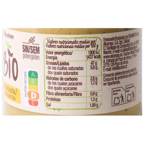 PRODUCTO ALCAMPO Bio Mostaza ecológicoa, sin gluten ni lactosa ni huevo 190 g.