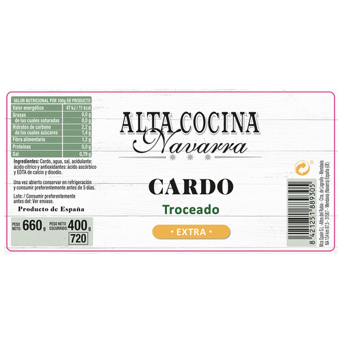ALTA COCINA Cardo troceado al natural extra ALTA COCINA frasco de 400 g.