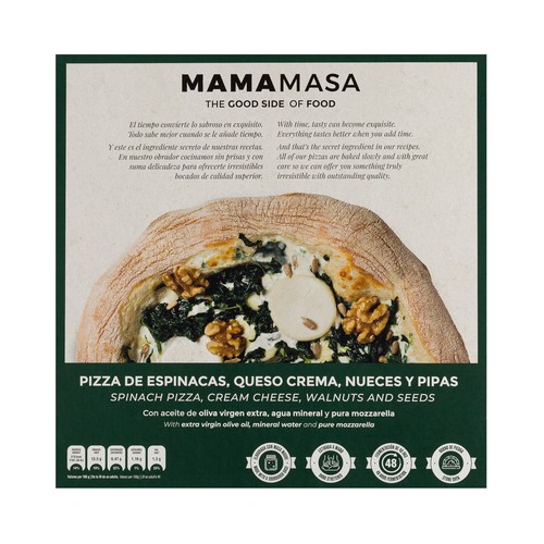 MAMAMASA Pizza congelada de espinacas, queso crema, nueces y pipas 420 g.