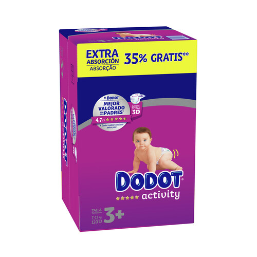 DODOT Pañales talla 3+ para niños de 7 a 11 kilogramos DODOT Activity 120 uds.