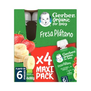 GERBER Organic Bolsita (pouch) de fruta, ecológica (fresa y plátano) para bebés a partir 6 meses.