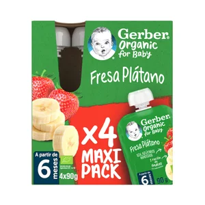 GERBER Organic Bolsita (pouch) de fruta, ecológica (fresa y plátano) para bebés a partir 6 meses.