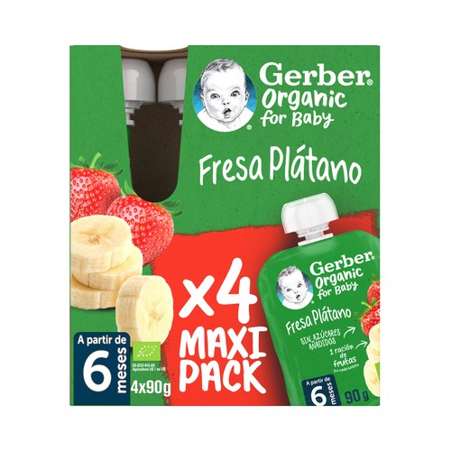 GERBER Organic Bolsita (pouch) de fruta, ecológica (fresa y plátano) para bebés a partir 6 meses.