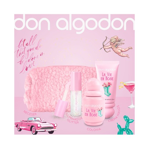 DON ALGODÓN La vie en rose Neceser para mujer con colonia, iluminador y crema de manos.